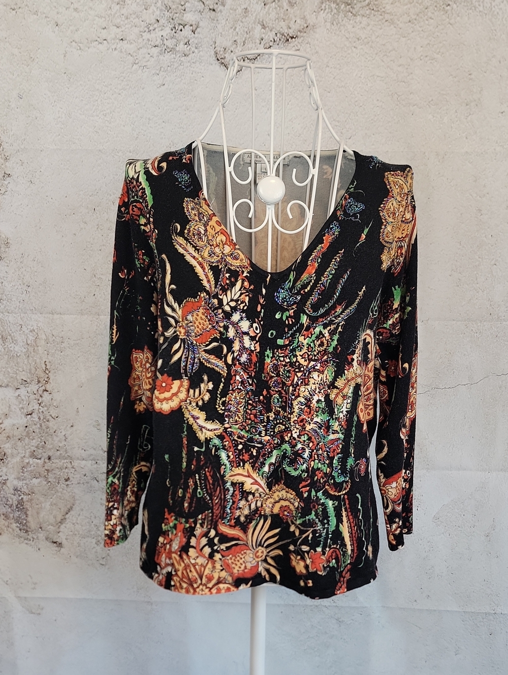 Alberto Makali Black Multicolor Paisley V-Neck Long Sleeve Knit Top Size L
